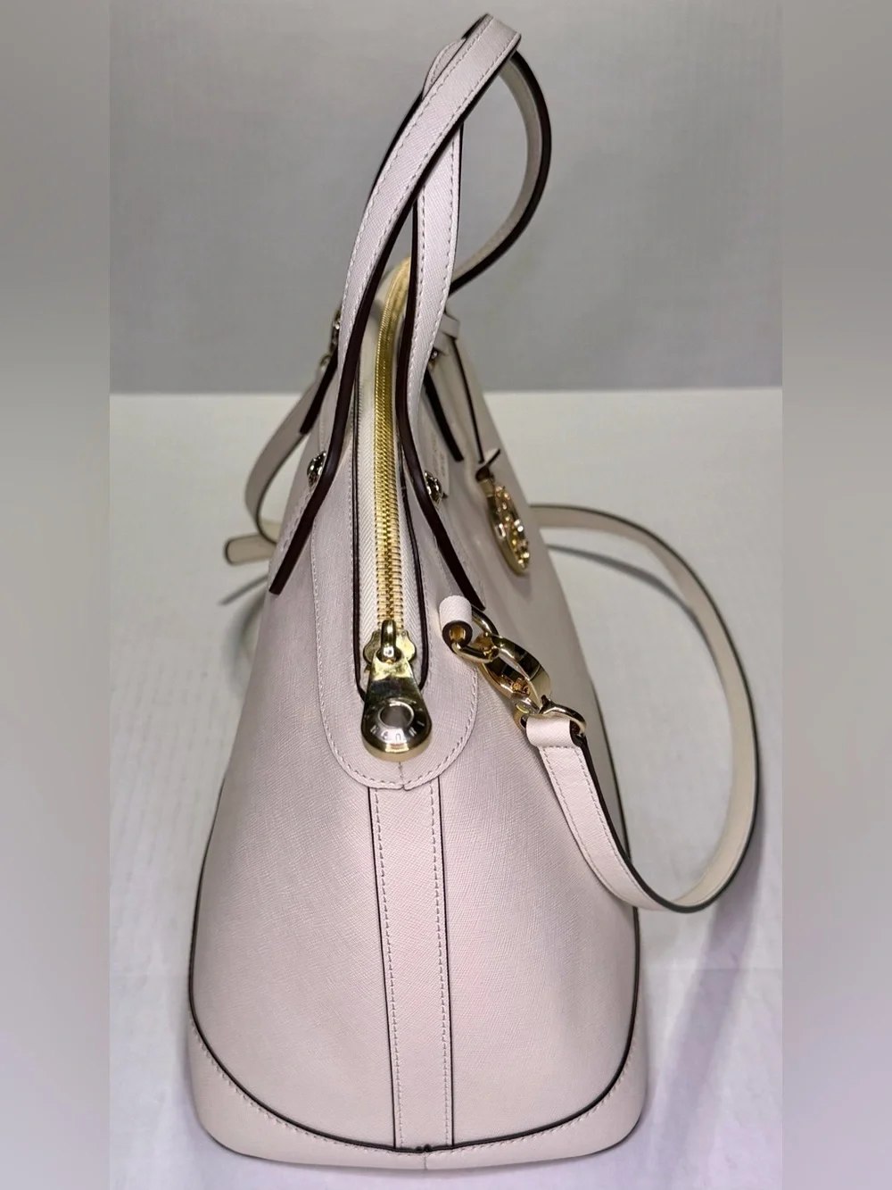 Henri Bendel West 57th Large Ivory Saffiano Leather Satchel Crossbody With Strap